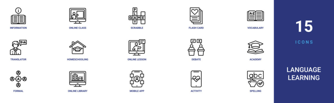 Set of 15 outline web Language Learning icons such as spelling, activity tracker, mobile app, online library, formal, academy, debate vector icons for report, presentation, diagram, web design,