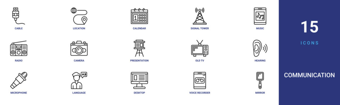 Set of 15 outline web Communication icons such as mirror, voice recorder, desktop, language, microphone, hearing, old tv vector icons for report, presentation, diagram, web design, mobile app