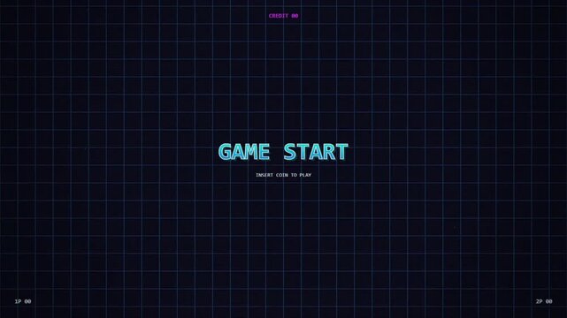 Retro 8bit Arcade Game Start Screen with Glowing Neon Text and Grid Background Featuring Press Start Prompt