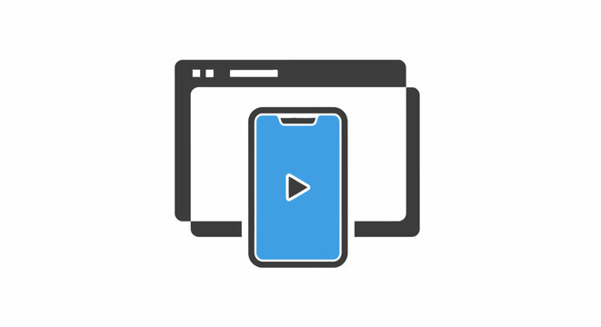 Smartphone with play button overlaying a digital window.