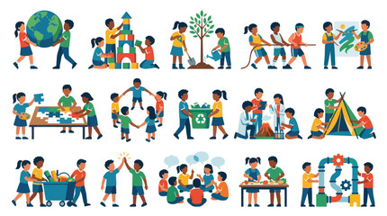 Fototapeta premium Diverse Children Learning Playing Together - Flat Vector Art