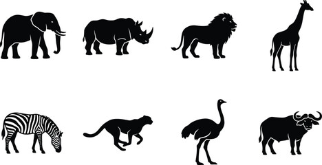 African Wild Animal Silhouette Icon Set with Elephant Lion and Giraffe for Safari Graphic Designs © Taijul