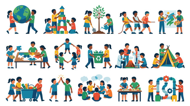 Diverse Children Learning  Playing Together - Flat Vector Art