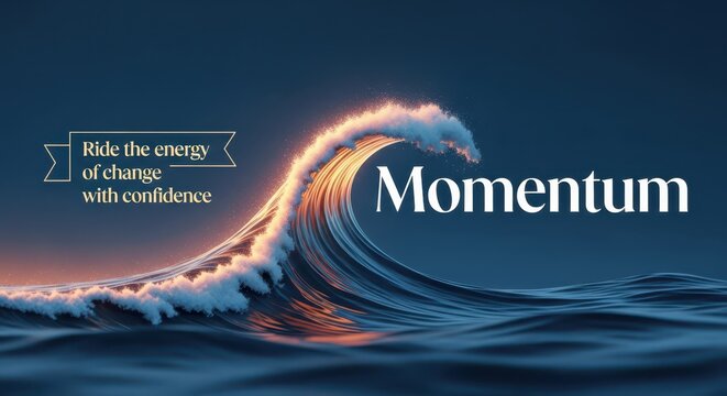Epic Ocean Wave Majestic Crashing Curl with Golden Light and Motivational Text 'Momentum'