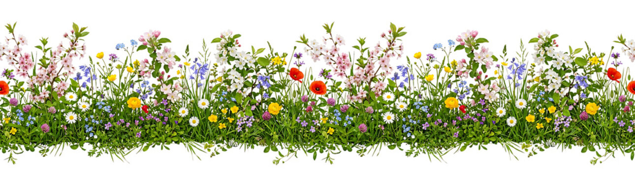 Vibrant Wildflower Meadow Border with Delicate Blossoms and Green Grass