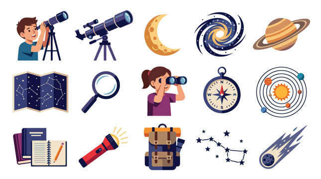 Astronomy and Space Exploration Flat Vector Icons Set. Cartoon Science and Stargazing Elements.