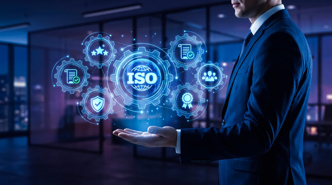 Businessman holding a digital holographic projection of iso certification standards and compliance icons in a modern office