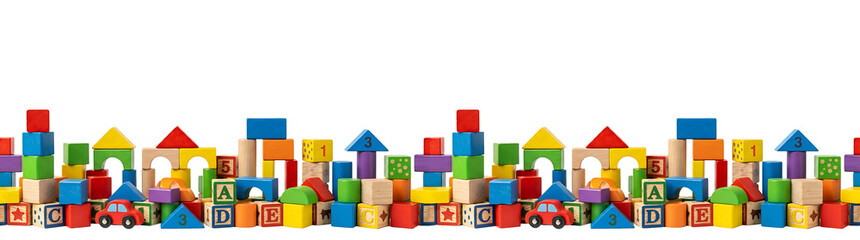 Naklejka premium Colorful Wooden Toy Blocks Border with ABCs. Numbers. and Cars Seamless Pattern