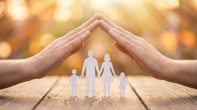 Hands protecting paper family cutout on wooden table at sunset with protection