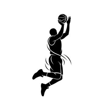 Black Silhouette of Basketball Player Jumping to Shoot the Ball Isolated on White Background, Vector Illustration for Sports Athletic, NBA and Basketball Design