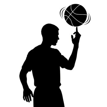 Black Silhouette of Basketball Player Spinning Ball on Raised Finger Isolated on White Background, Vector Illustration for Sports Skill, Trick and NBA Basketball Design