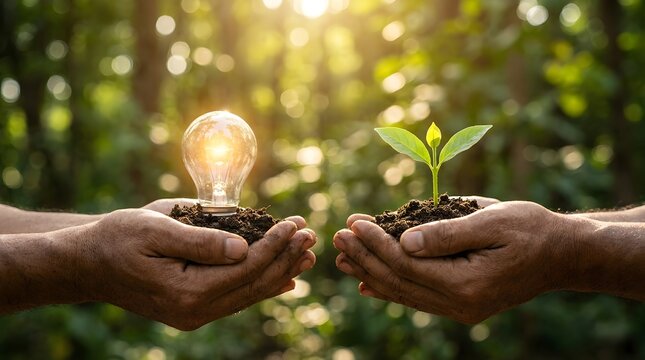 Sustainability concept with lightbulb and green plant in cupped hands, renewable