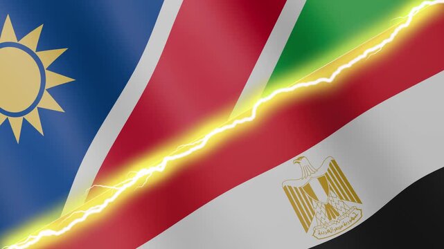 Two waving flags Namibia and Egypt with diagonal lightning seamless, 4k loop