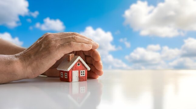 Hands protecting small model house on table against blue sky with protection