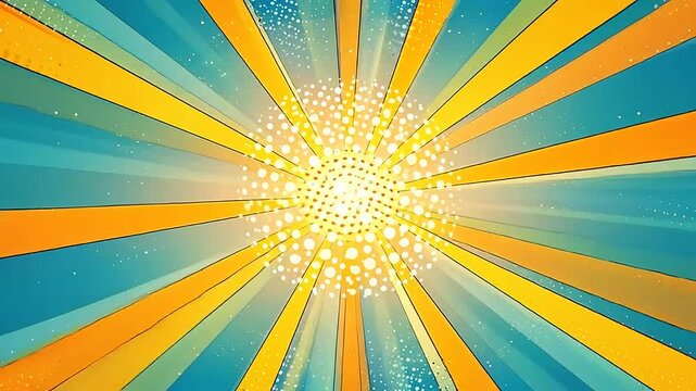 A vibrant abstract background featuring radiating sunburst lines and a central dotted circular pattern