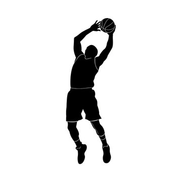 Black Silhouette of Basketball Player Reaching Up to Shoot Jump Shot Isolated on White Background, Vector Illustration for Sports Athletic, NBA and Basketball Design