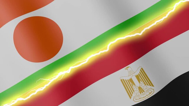 Two waving flags Niger and Egypt with diagonal lightning seamless, 4k loop