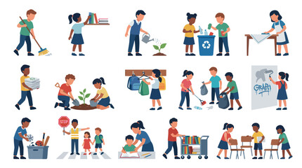 Fototapeta premium Flat Vector Illustration Set of Kids Helping, Doing Chores, and Community Service for Education Niche