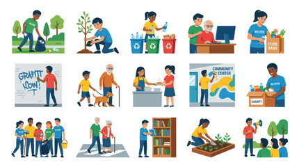 Fototapeta premium Community Service and Volunteering Flat Vector Illustrations Set. Diverse People Helping, Social Work, Environmental Protection.