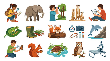Fototapeta premium Children Studying Animals: Elephant, Fox, Owl, Frog, Squirrel, Dolphin, Turtle, Meerkat, Vector Art