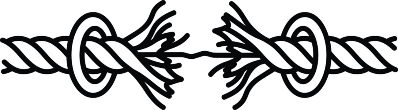 Frayed fibrous rope nearing breaking point connected to two steel rings centered against a white background, symbolizing tension, imminent failure, and industrial hardware stress.