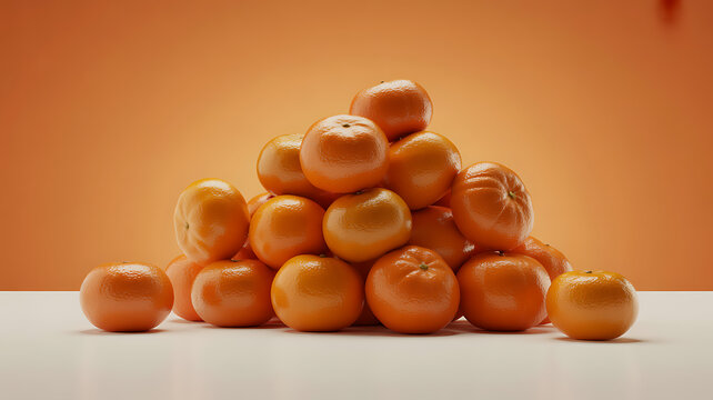 A pile of fresh persimmons arranged in a pyramid on a white surface against an orange background