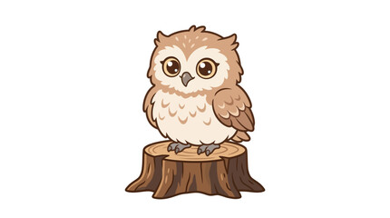 Fototapeta premium Cute Cartoon Owl Perched on Tree Stump.