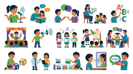 Fototapeta premium Early Childhood Speech Therapy and Language Development Flat Vector Illustrations for Kids Learning Communication Skills