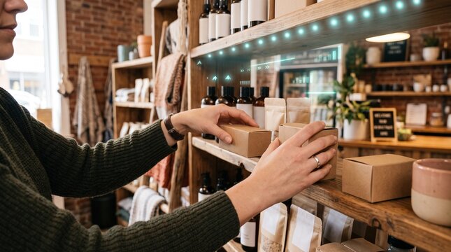 Shopkeeper organizing sustainable products on wooden shelves in small boutique with shopkeeper boutique organizing sustainable business products inventory merchandise employment commerce