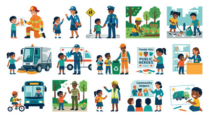 Naklejka na ściany i meble Diverse Community Helpers and Public Heroes, Flat Vector Illustration