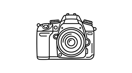 Clean black and white line drawing of a DSLR camera with detailed lens and controls with high quality professional line art symbols for modern creative design and digital branding projects © zaynuri