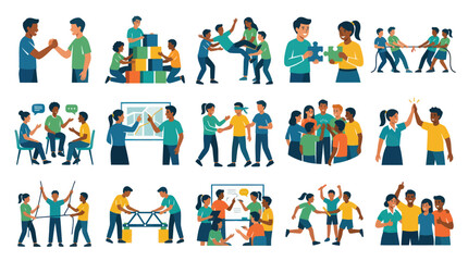Fototapeta premium Teamwork and Collaboration Activities Flat Design Vector Illustrations for Business, Education, HR Concepts