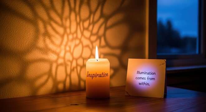 Illuminated candle with inspirational quotes casting shadow patterns on a wall near a window at dusk