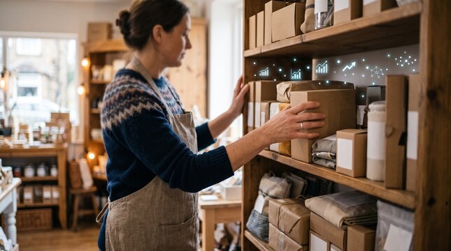 Shopkeeper organizing sustainable goods on wooden store shelves with shopkeeper boutique organizing sustainable business products inventory merchandise employment commerce lifestyle
