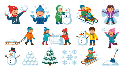 Fototapeta premium Happy Kids Winter Recreation Flat Vector Set: Children Playing in Snow, Building Snowmen Sledding.