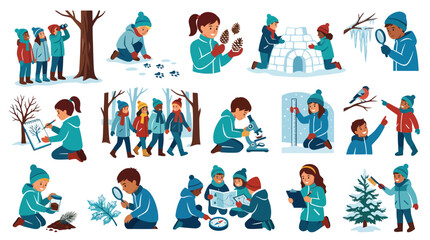 Fototapeta premium Flat Vector Illustration Set of Kids Exploring Winter Nature and Engaging in Outdoor Education Activities