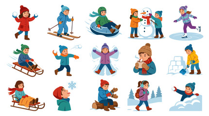 Fototapeta premium Children playing in snow, winter activities vector illustration, flat style