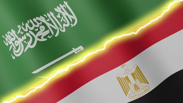 Two waving flags Saudi Arabia and Egypt with diagonal lightning seamless, 4k loop