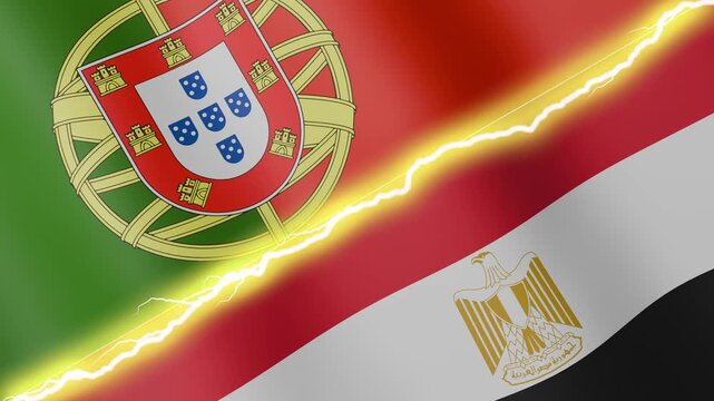 Two waving flags Portugal and Egypt with diagonal lightning seamless, 4k loop