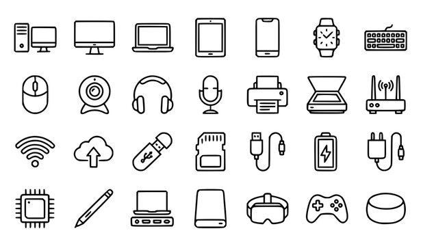 Minimal devices thin line vector icon set featuring computer laptop phone tablet and electronic accessories on transparent background