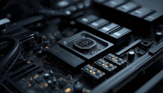 Macro Shot of Black Computer Hardware with Circuit Boards, Metallic Components and Futuristic Technology &ndash; High Tech Electronics Background