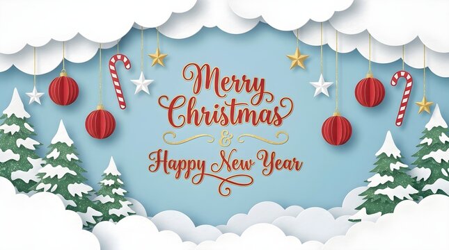 Merry christmas and happy new year paper craft decoration with christmas