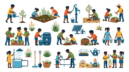 Fototapeta premium Children Gardening Agriculture Flat Vector Illustration Set: Kids Learning, Planting Sustainable Farming