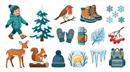 Fototapeta premium Flat Vector Winter Icons Set: Kids, Nature, Clothing Outdoor Elements Collection