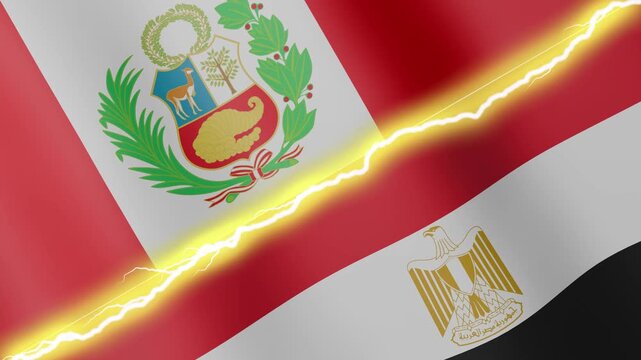 Two waving flags Peru and Egypt with diagonal lightning seamless, 4k loop