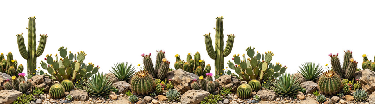 Desert landscape border with various cacti. succulents. and rocks. perfect for seamless design