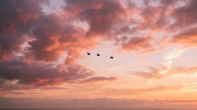 Three birds flying against colorful dramatic pink and orange sunset clouds