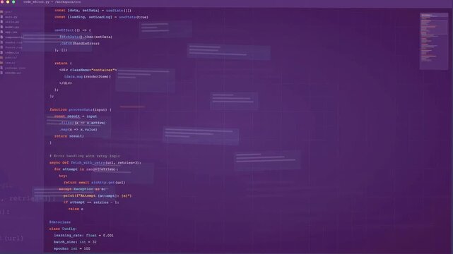 Close up of computer screen showing complex software programming code with syntax highlighting