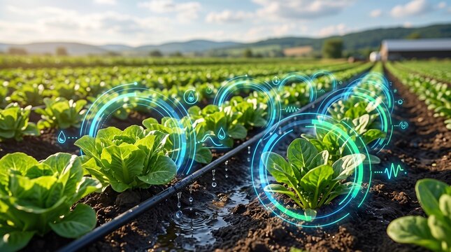 Automated precision agriculture irrigation system spraying crops with digital metrics agriculture irrigation technology automated sustainable efficiency optimization monitoring cultivation