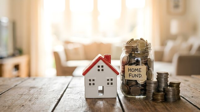 Miniature house figurine and glass jar with coins labeled home fund on table